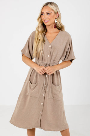 Women's Brown Cuffed Sleeve Boutique Midi Dress