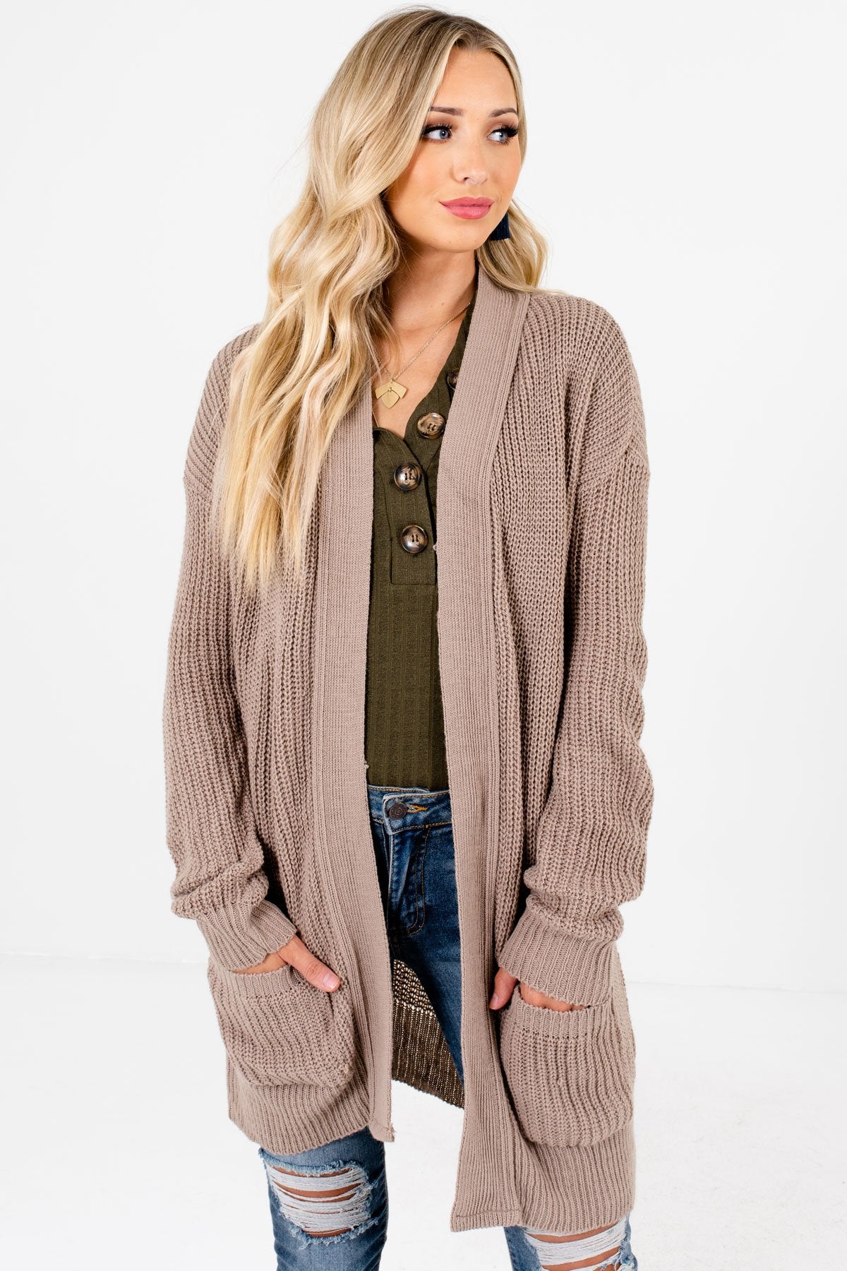 Taupe Brown High-Quality Knit Material Boutique Cardigans for Women