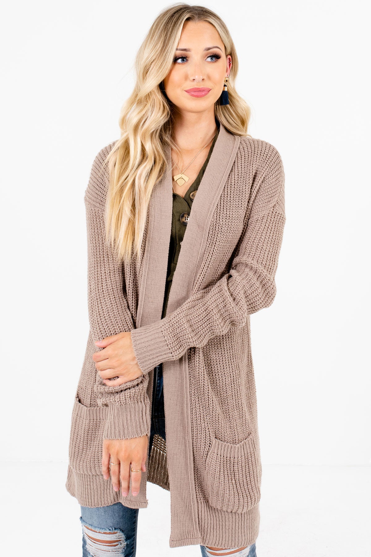 Women’s Taupe Brown Business Casual Boutique Cardigan