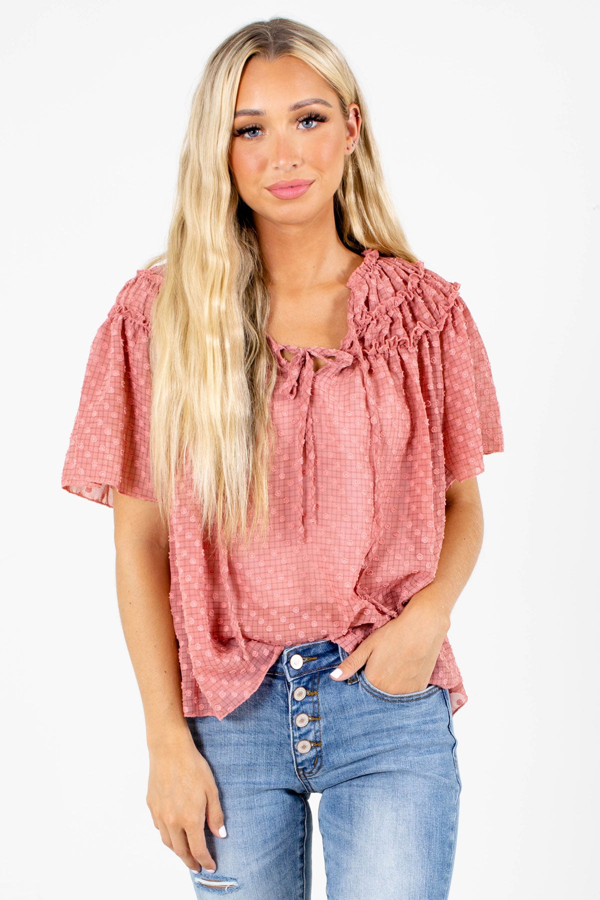 Pink Textured Boutique Blouses for Women