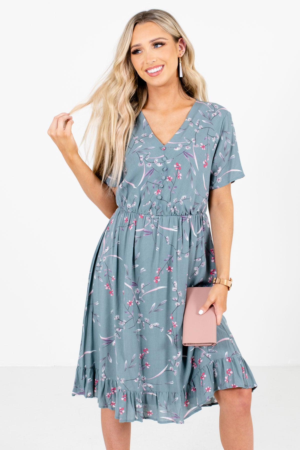 Sage Green Multicolored Floral Patterned Boutique Dresses for Women