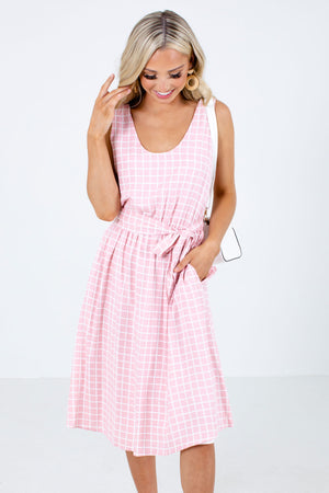 Pink and White Grid Patterned Boutique Midi Dresses for Women