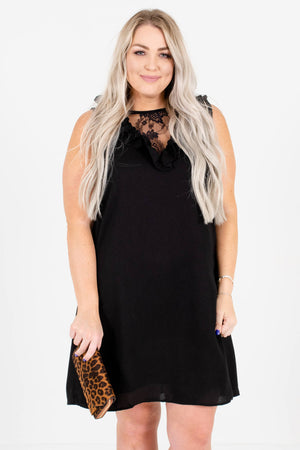 Black Semi-Sheer Floral Lace Neckline Plus Size Boutique Mini Dresses for Women