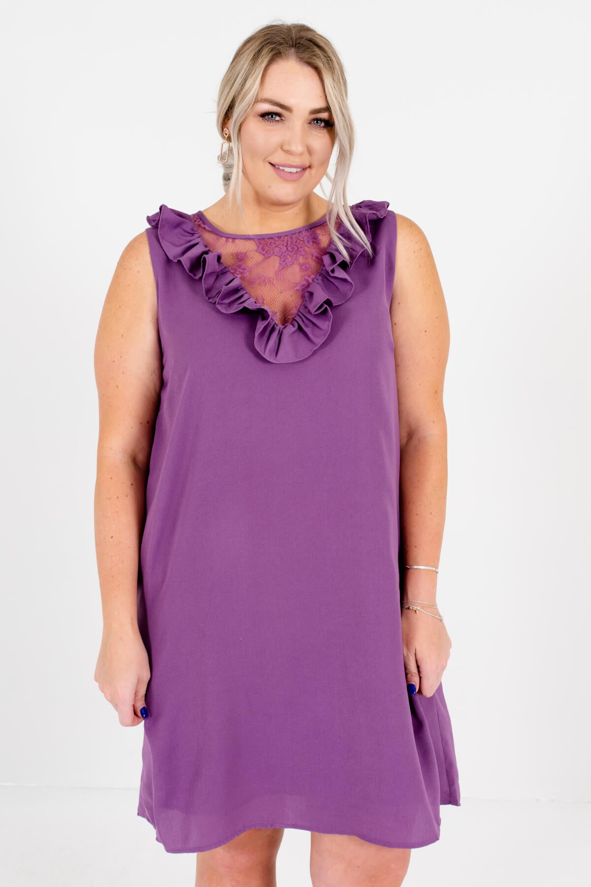 Purple Semi-Sheer Floral Lace Neckline Plus Size Boutique Mini Dresses for Women
