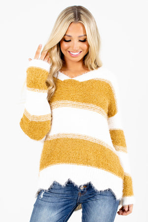 Mustard Yellow and White Striped Boutique Sweaters for Women