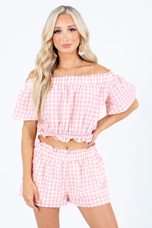 Pink and White Gingham Patterned Boutique Two-Piece Sets for Women