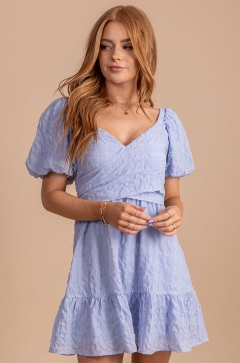 Blue mini dress with puff sleeves