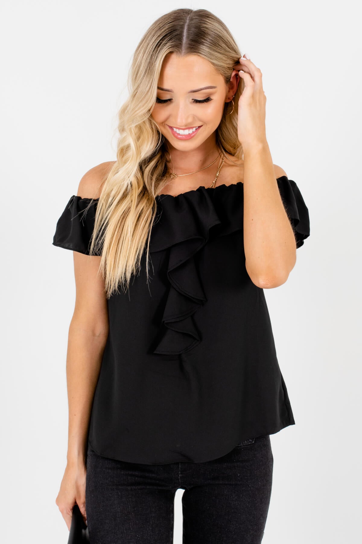 Black Elastic Off Shoulder Style Boutique Tops for Women