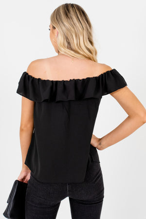 Women's Black Ruffled Accented Boutique Tops