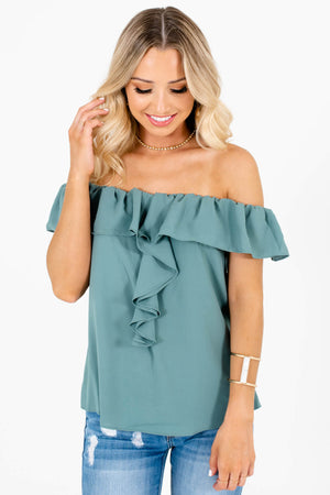 Green Elastic Off Shoulder Style Boutique Tops for Women