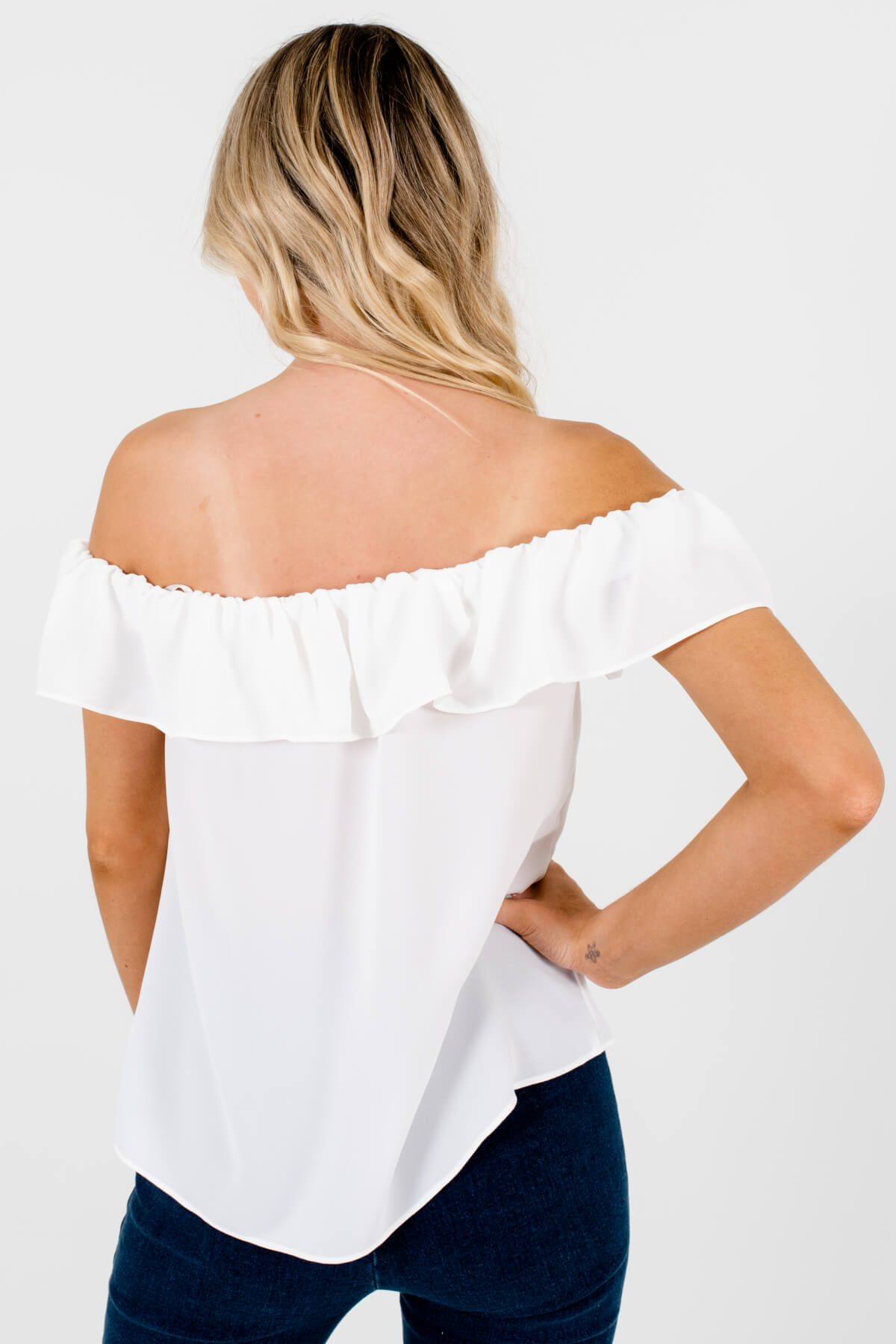 Women's White Ruffle Accents Boutique Tops