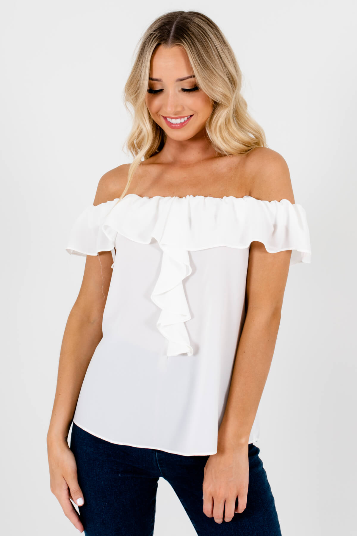 White Elastic Off Shoulder Style Boutique Tops for Women