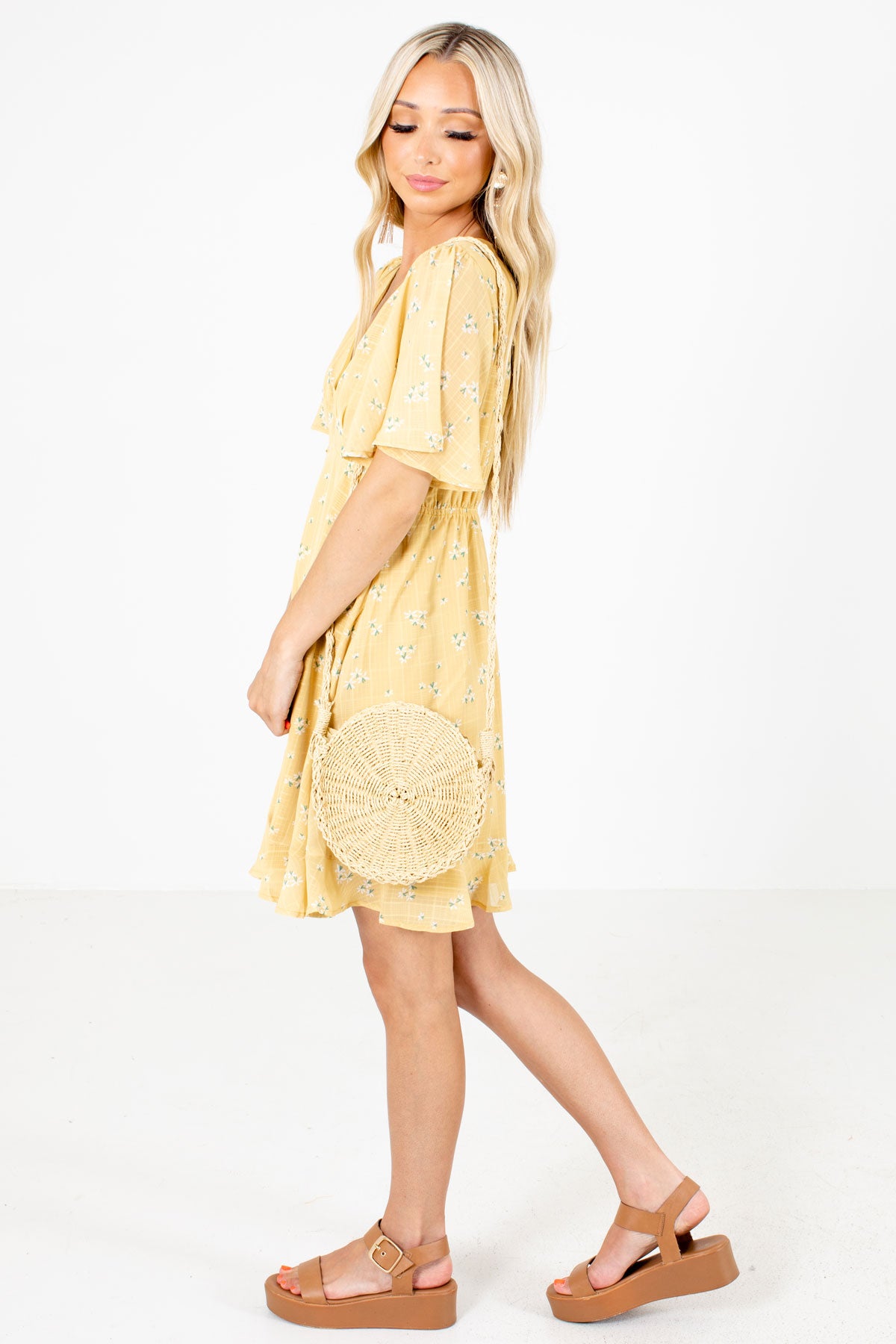Yellow V-Neckline Boutique Mini Dresses for Women