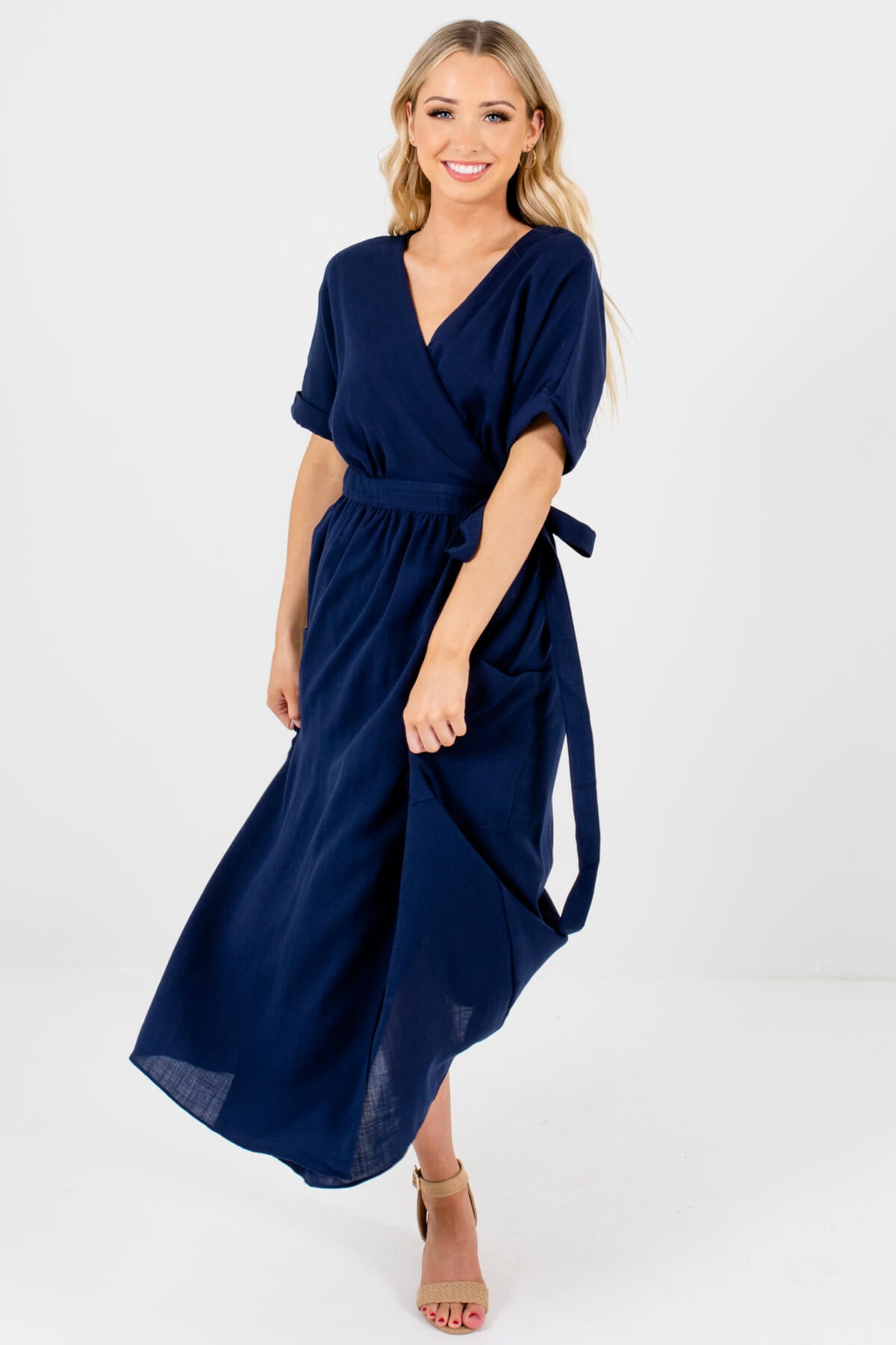 Dark Navy Blue Modest Wrap Maxi Dresses with Pockets
