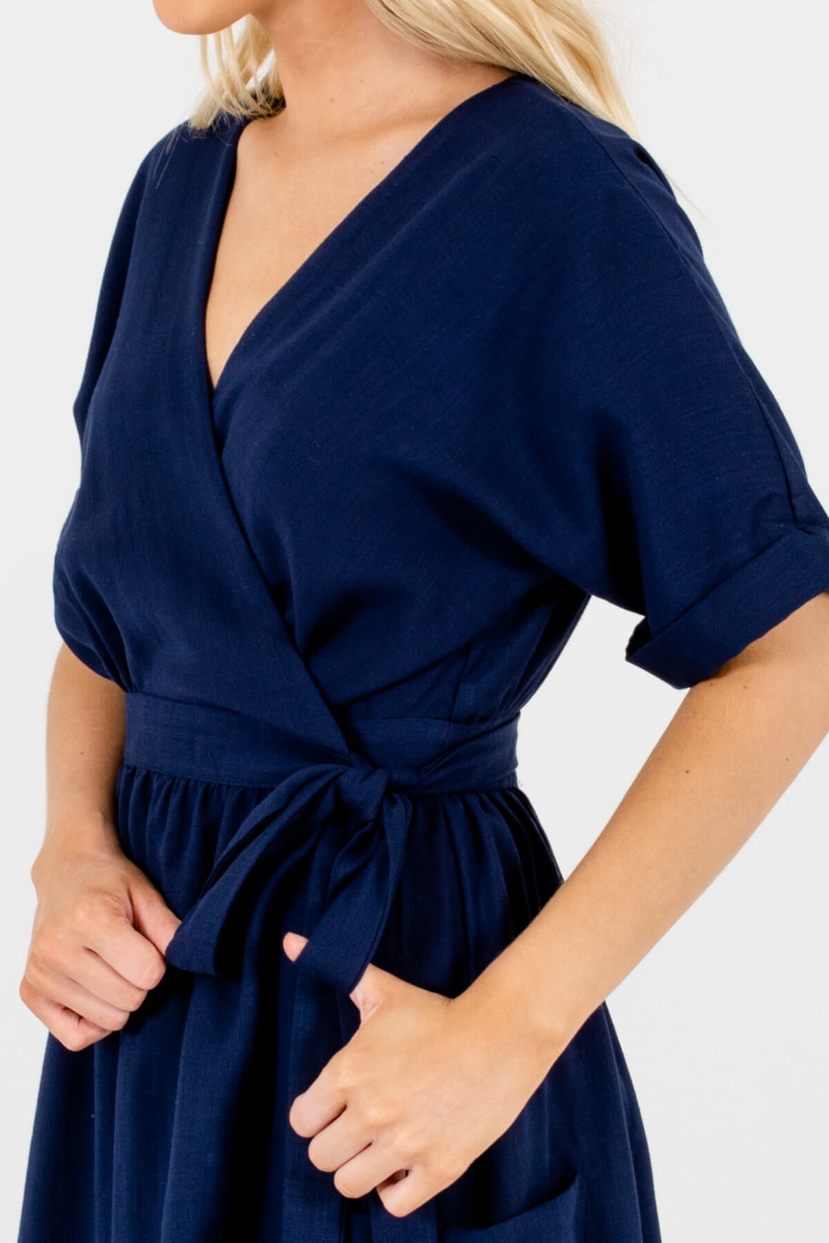 Navy Blue V-Neckline Maxi Wrap Dresses Affordable Online Boutique