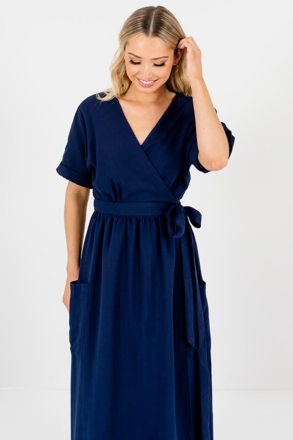 Dark Navy Blue Boutique Wrap Style Maxi Dresses with Pockets