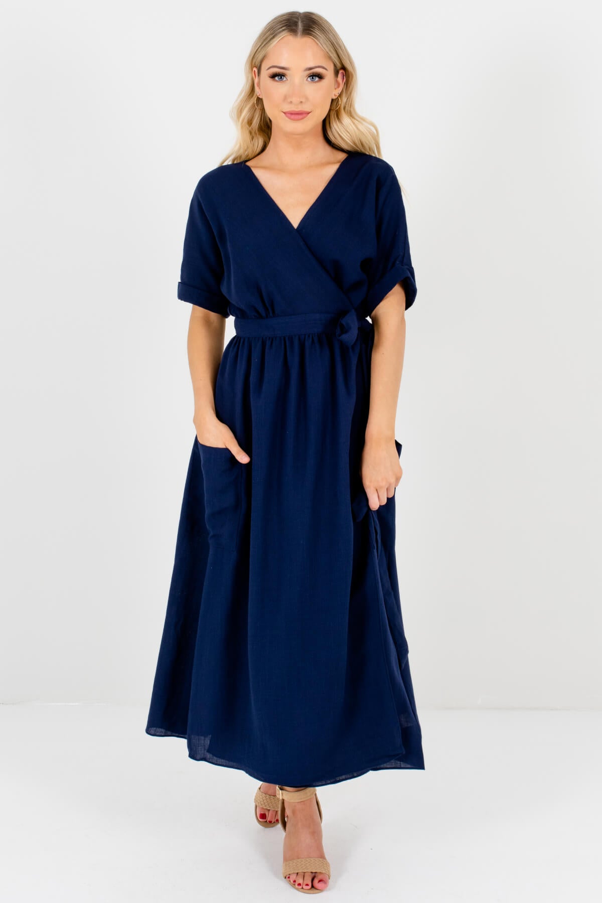 Navy Blue Wrap Maxi Dresses with Pockets Affordable Online Boutique