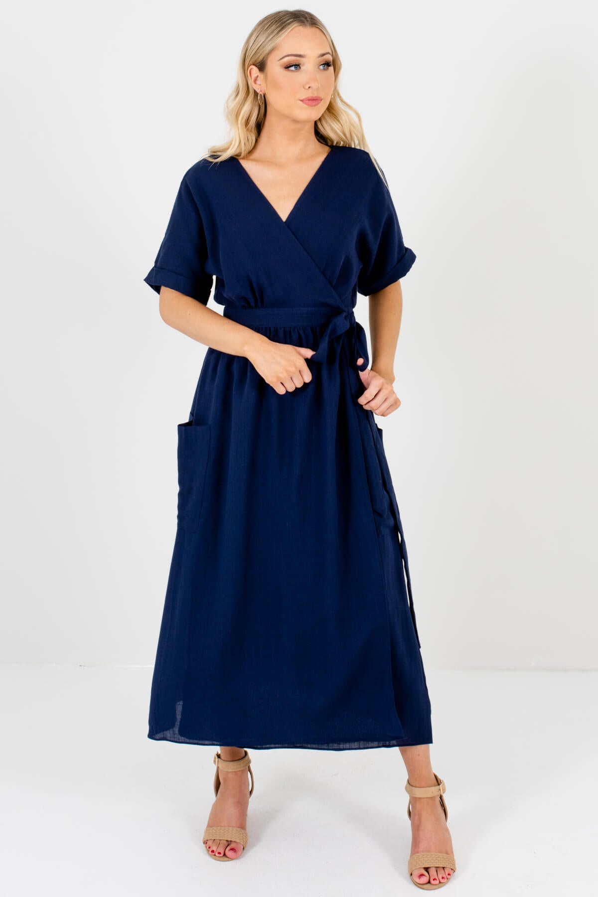 Dark Navy Blue Boutique Wrap Maxi Dresses with Pockets