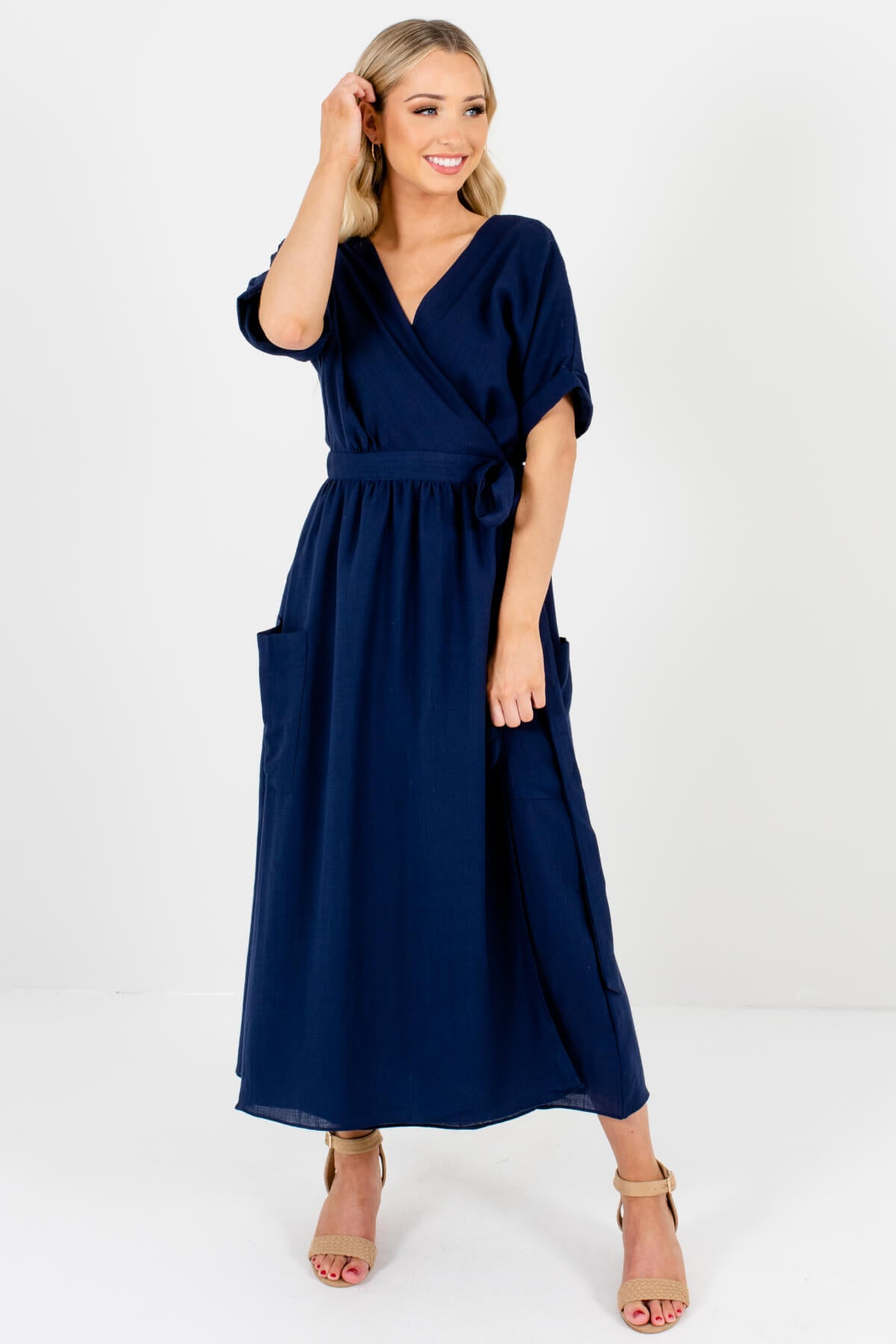 Womens navy top wrap dress