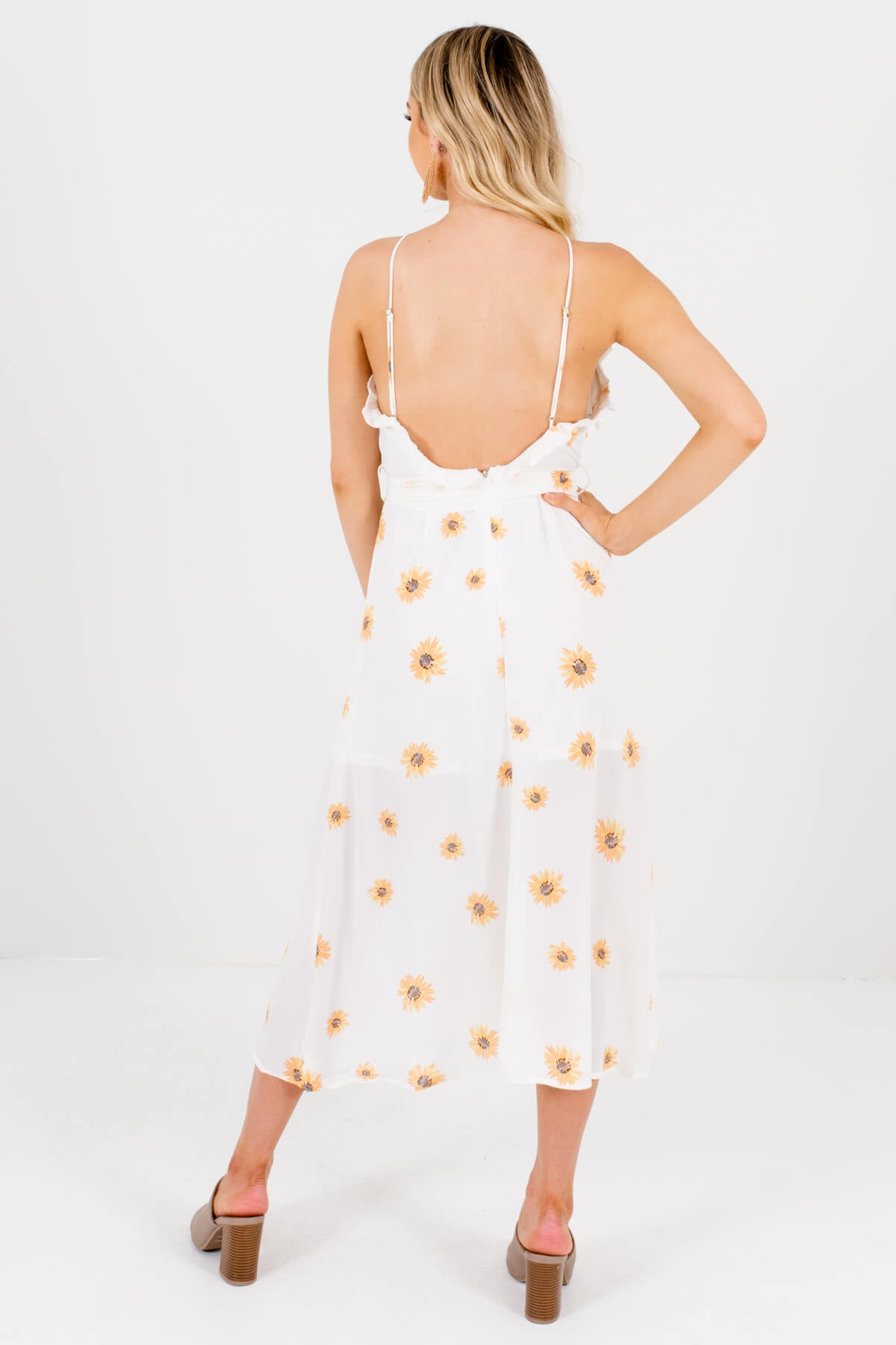 Sunflower Garden White Floral Midi Dress Boutique Midi Dress