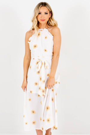 Women's White Floral Partially Lined Boutique Midi Dresses