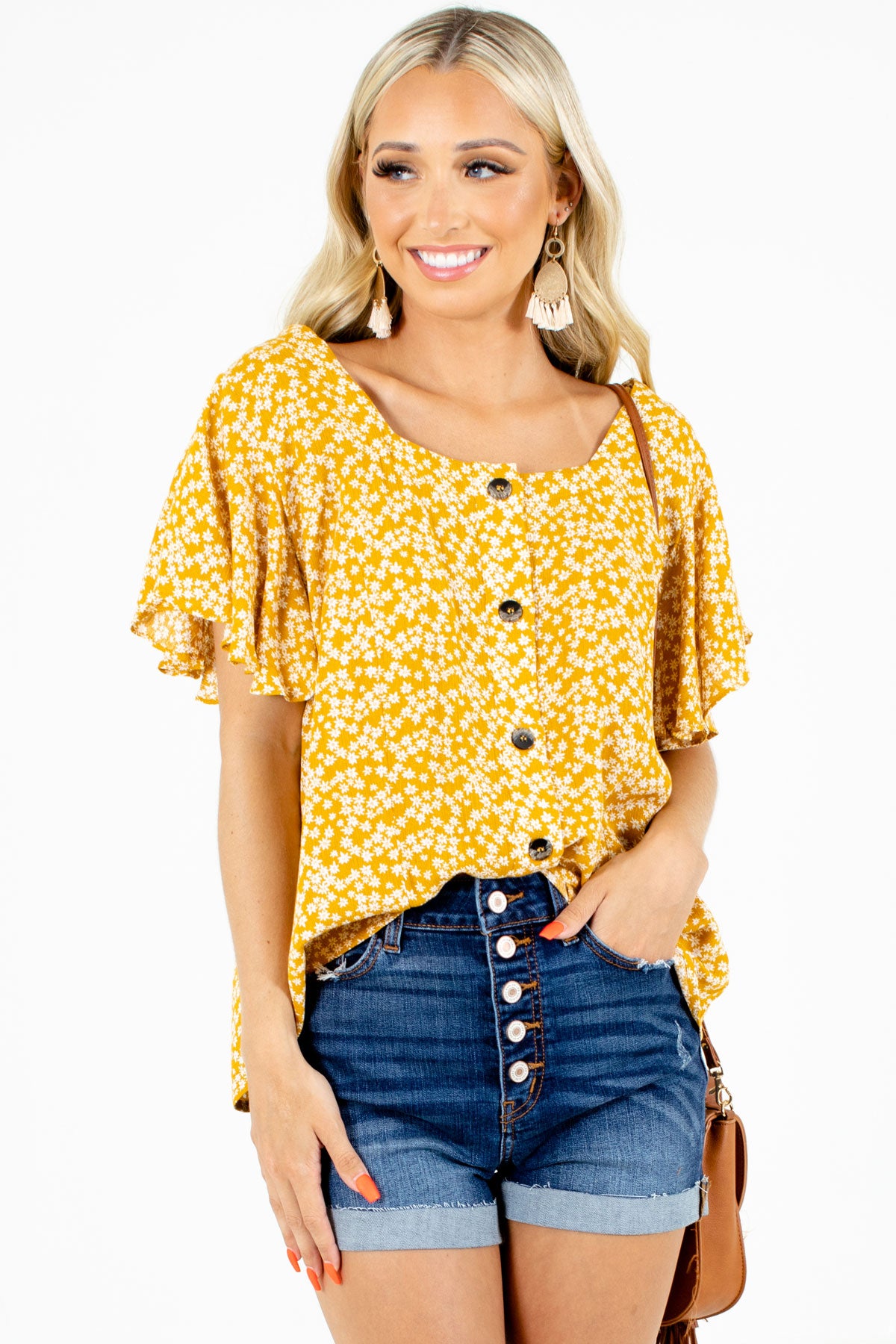 Yellow Smocked Back Accented Boutique Blouses for Women