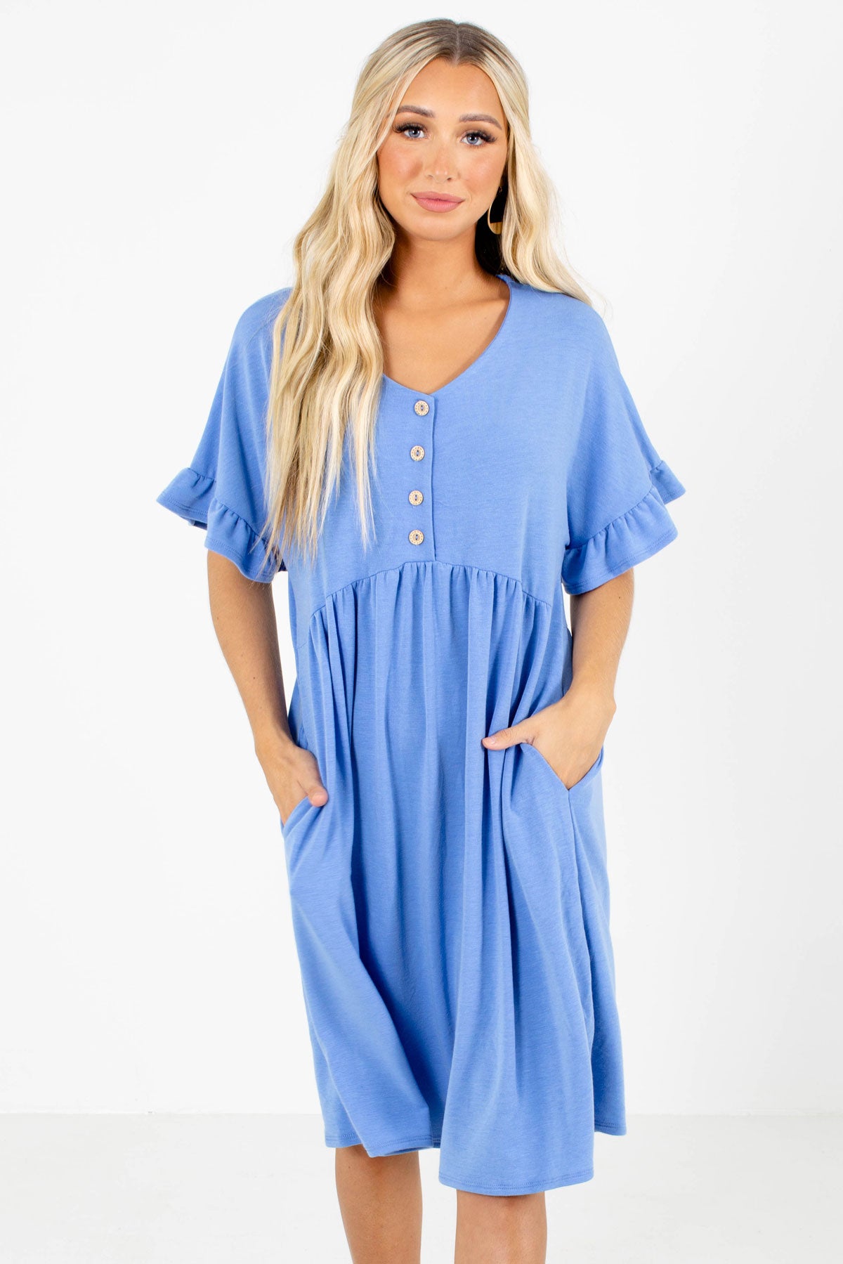 Blue Button-Up Bodice Boutique Knee-Length Dresses for Women