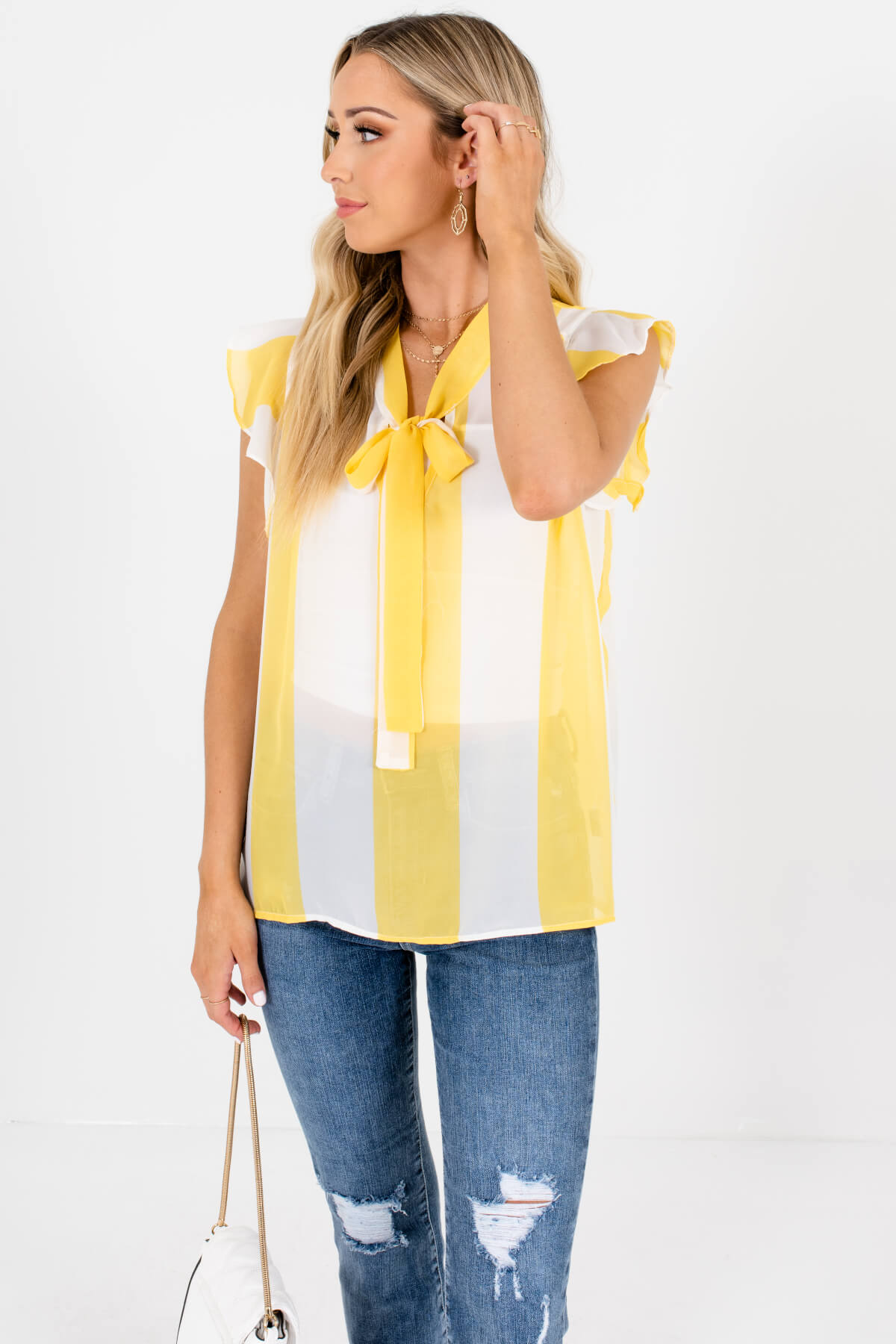 Yellow White Striped Pussybow Ruffle Blouses for Women