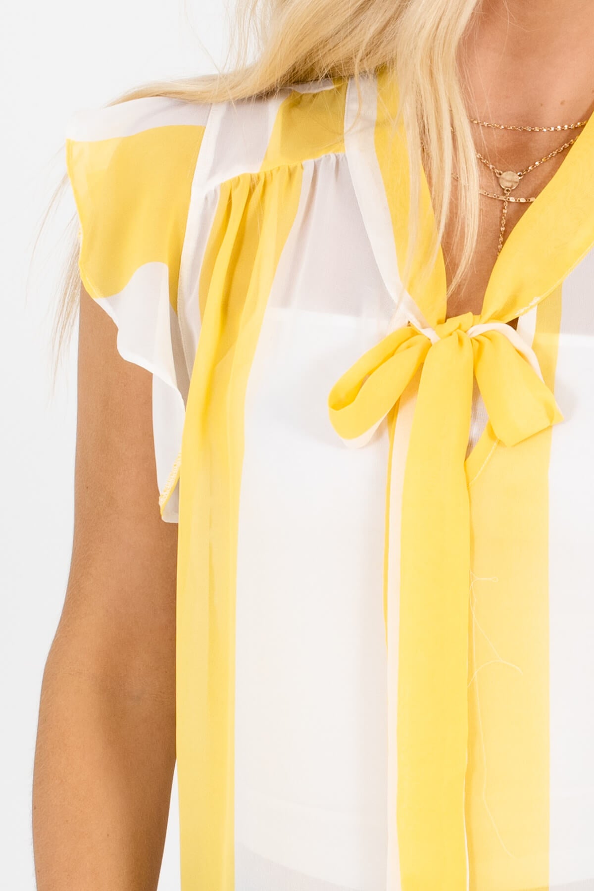 Yellow White Pussybow Tie Ruffle Sleeve Semi-Sheer Blouses