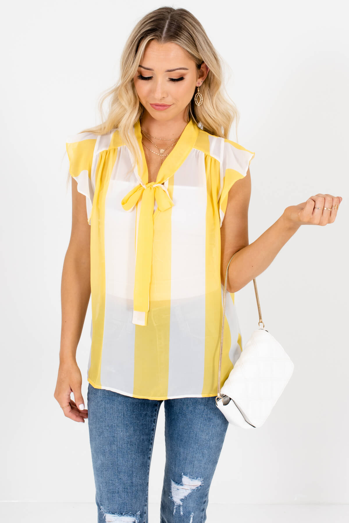 Yellow White Striped Pussybow Tie Ruffle Blouses for Women