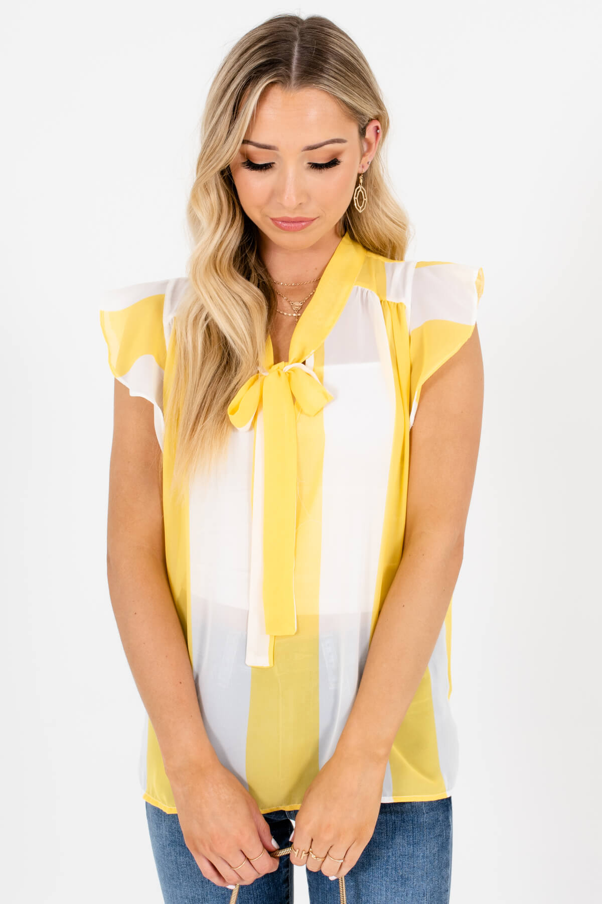 Yellow White Pussybow Tie Striped Blouses Affordable Online Boutique