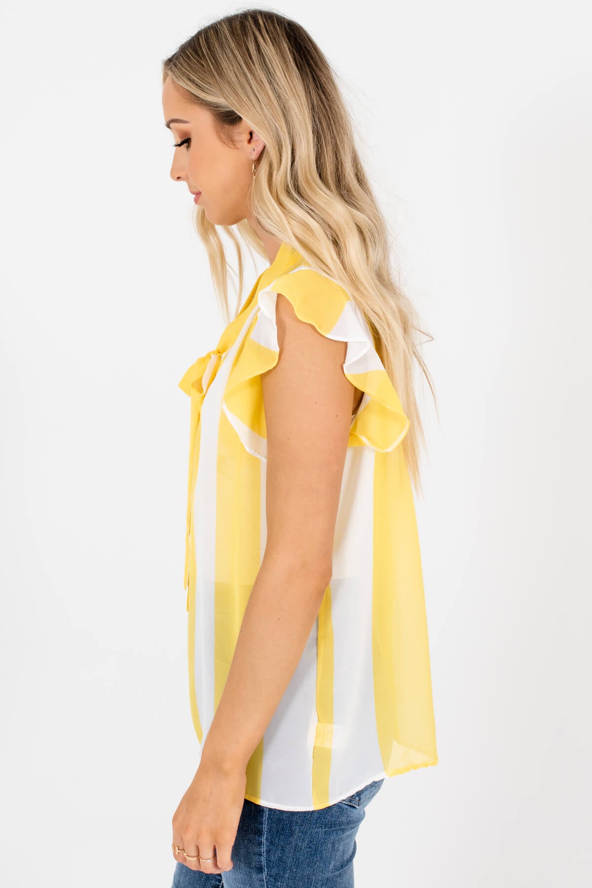 Yellow White Striped Semi-Sheer Pussybow Blouses for Women
