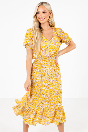 Yellow Multicolored Floral Patterned Boutqiue Midi Dresses for Women