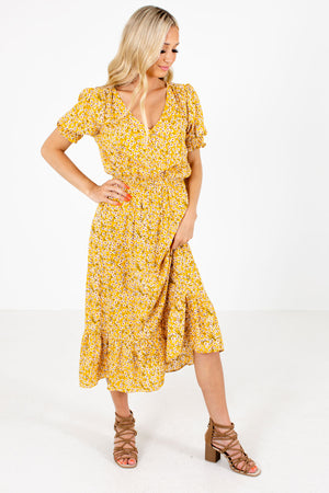 Women's Yellow V-Neckline Boutique Midi Dress