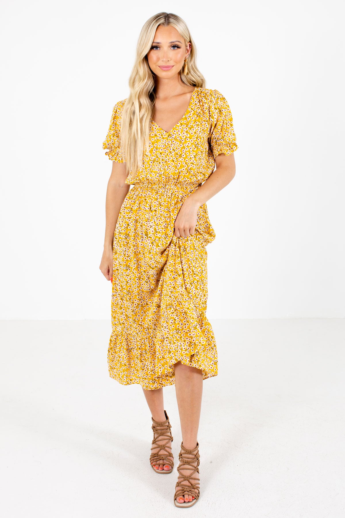 Sunshine Goddess Yellow Floral Midi Dress | Boutique Midi Dress - Bella ...