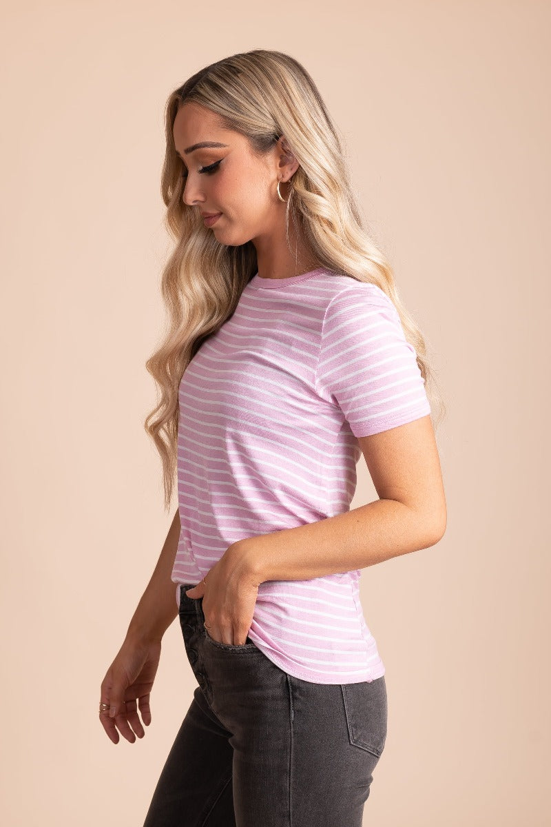 striped short sleeve comfy top in light purple