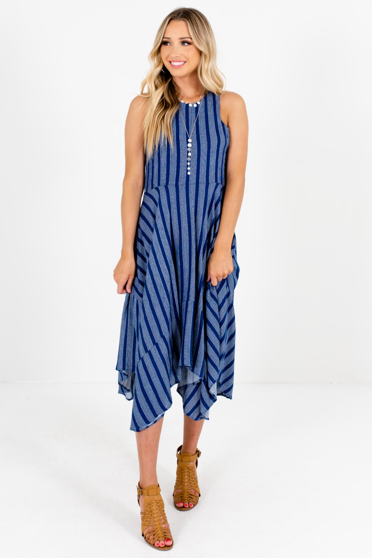 Women's Blue and White Striped Back Zipper Boutique Dresses
