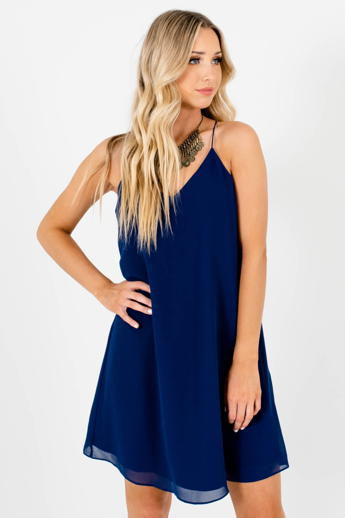Women's Navy Blue V-Neckline Boutique Mini Dress