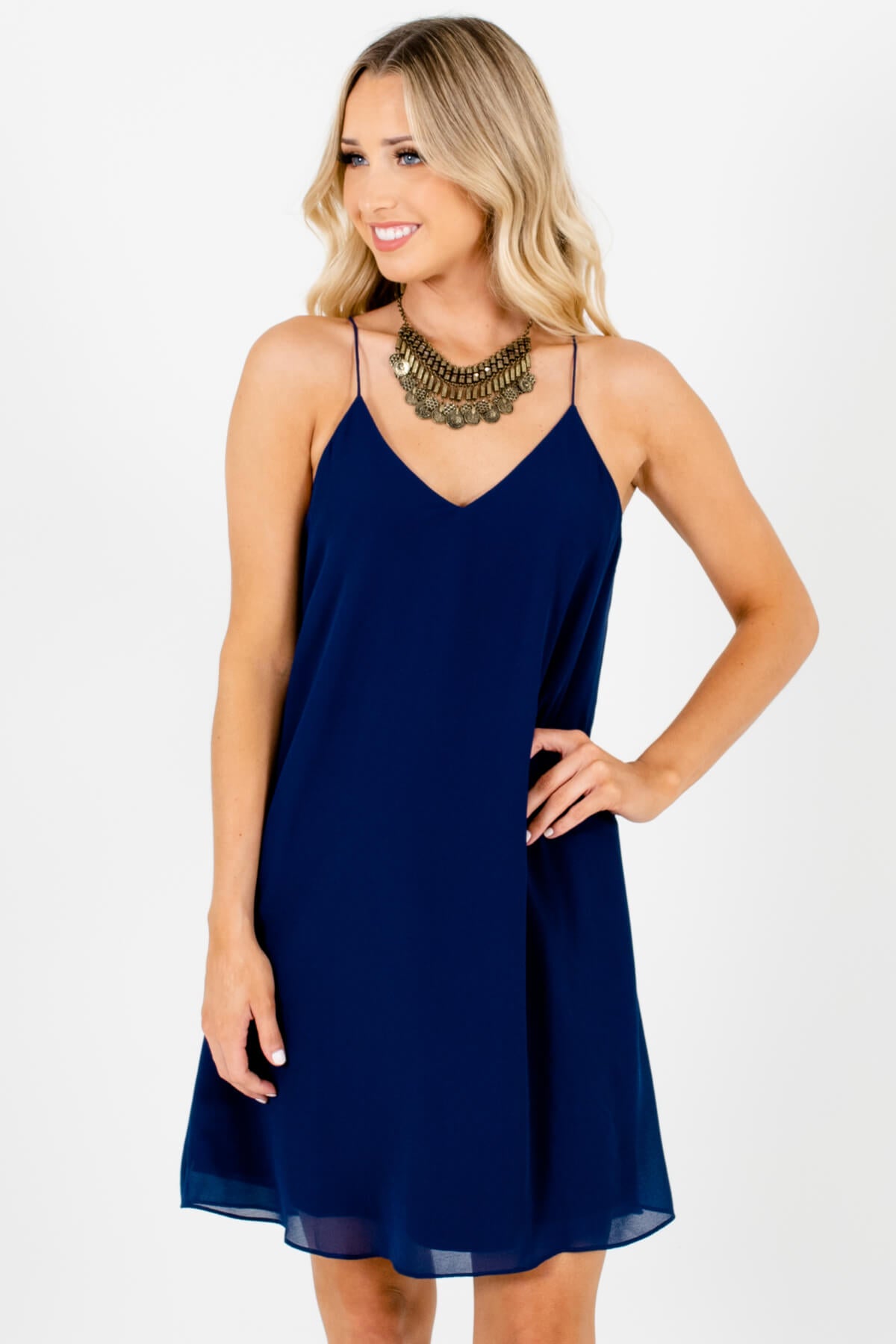 Navy Blue Back Pleated Accents Boutique Mini Dresses for Women