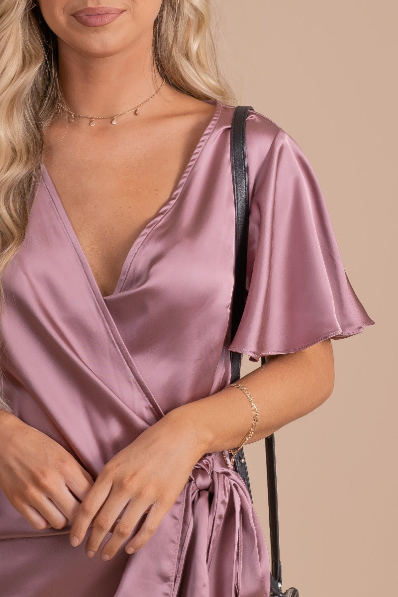 dark pink silk mini dress with flutter sleeves