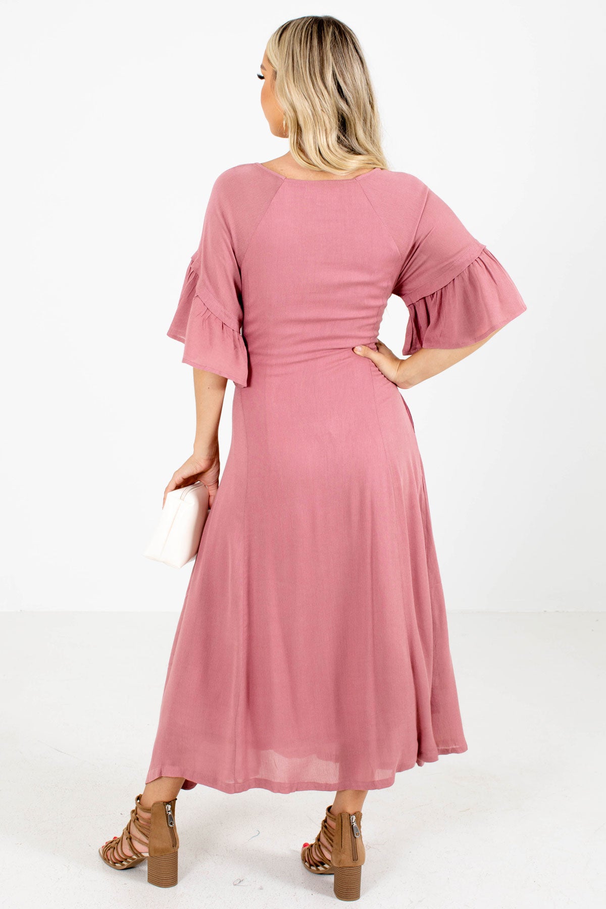 Women's Pink Waist Tie Detail Boutique Maxi Dress