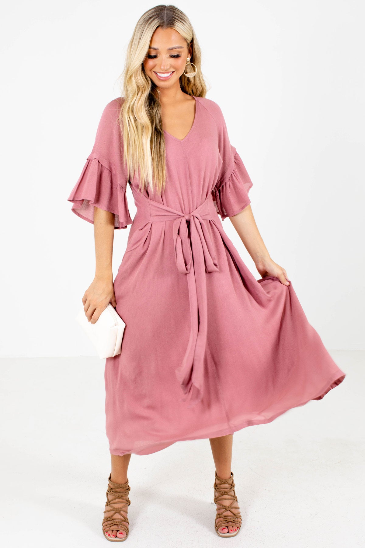 Pink Flutter Sleeve Boutique Maxi Dresses for Women