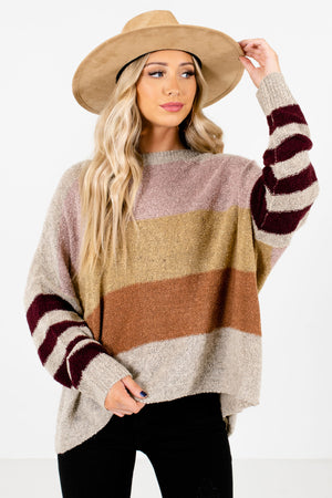 Beige Multicolored Striped Color Block Pattern Boutique Sweaters for Women