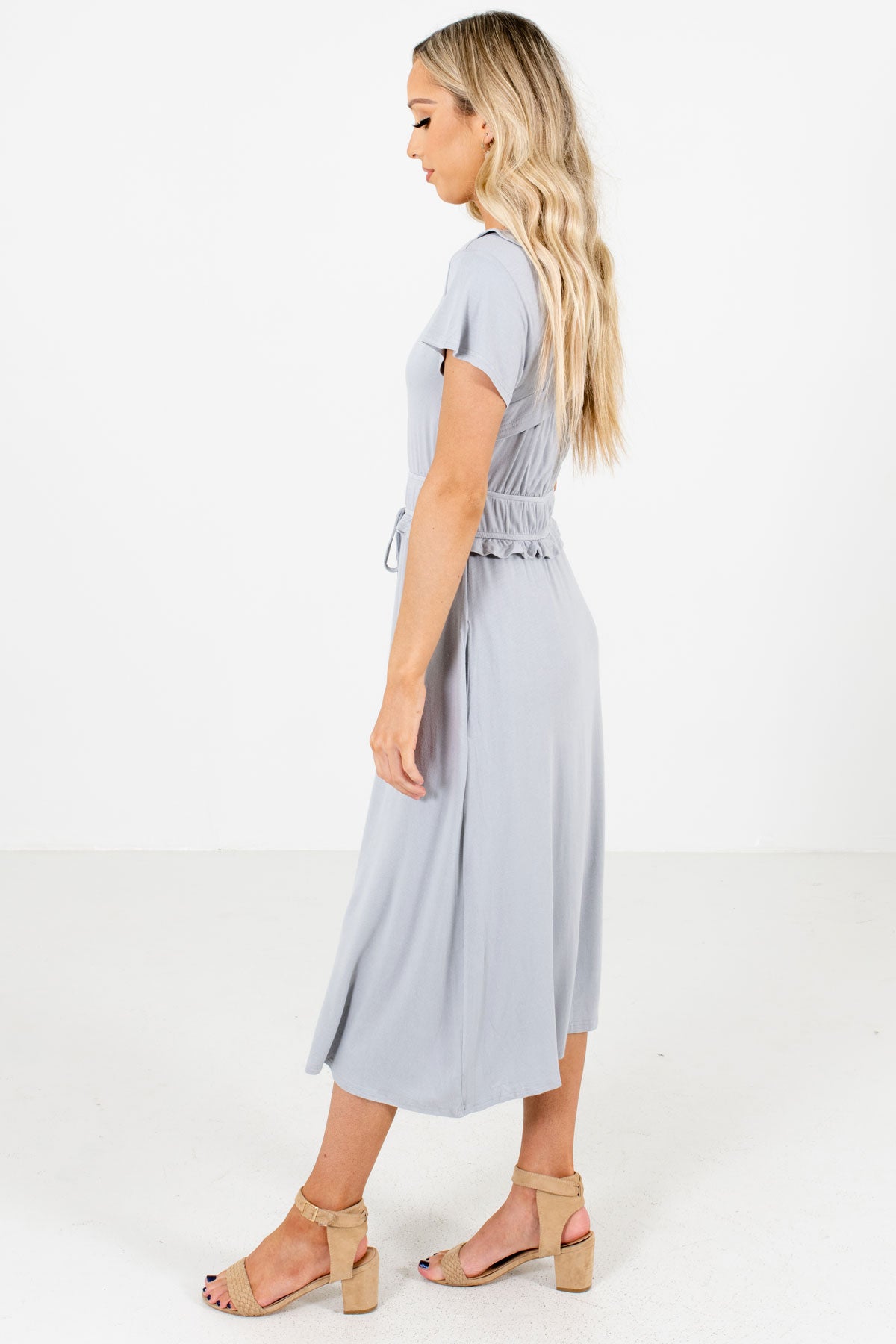 Light Blue Self-Tie Waist Accent Boutique Midi Dresses for Women