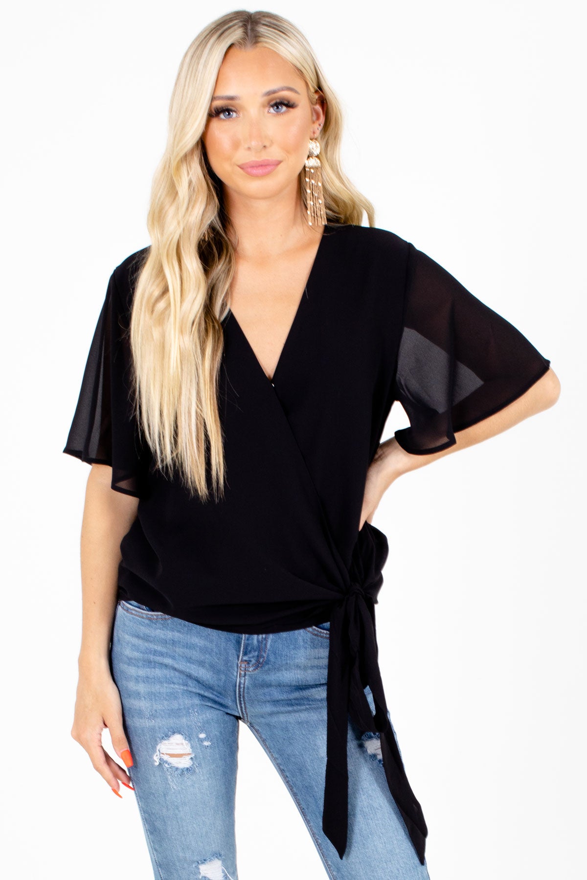 V Neck Blouse in Black with Tie Front