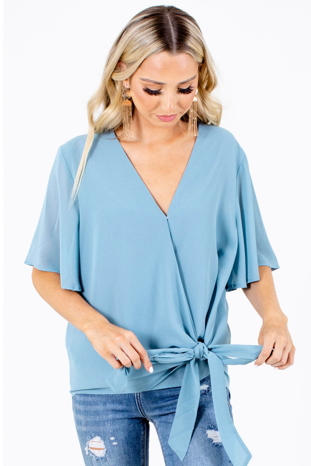 Blue Flutter Sleeve Boutique Blouses for Women