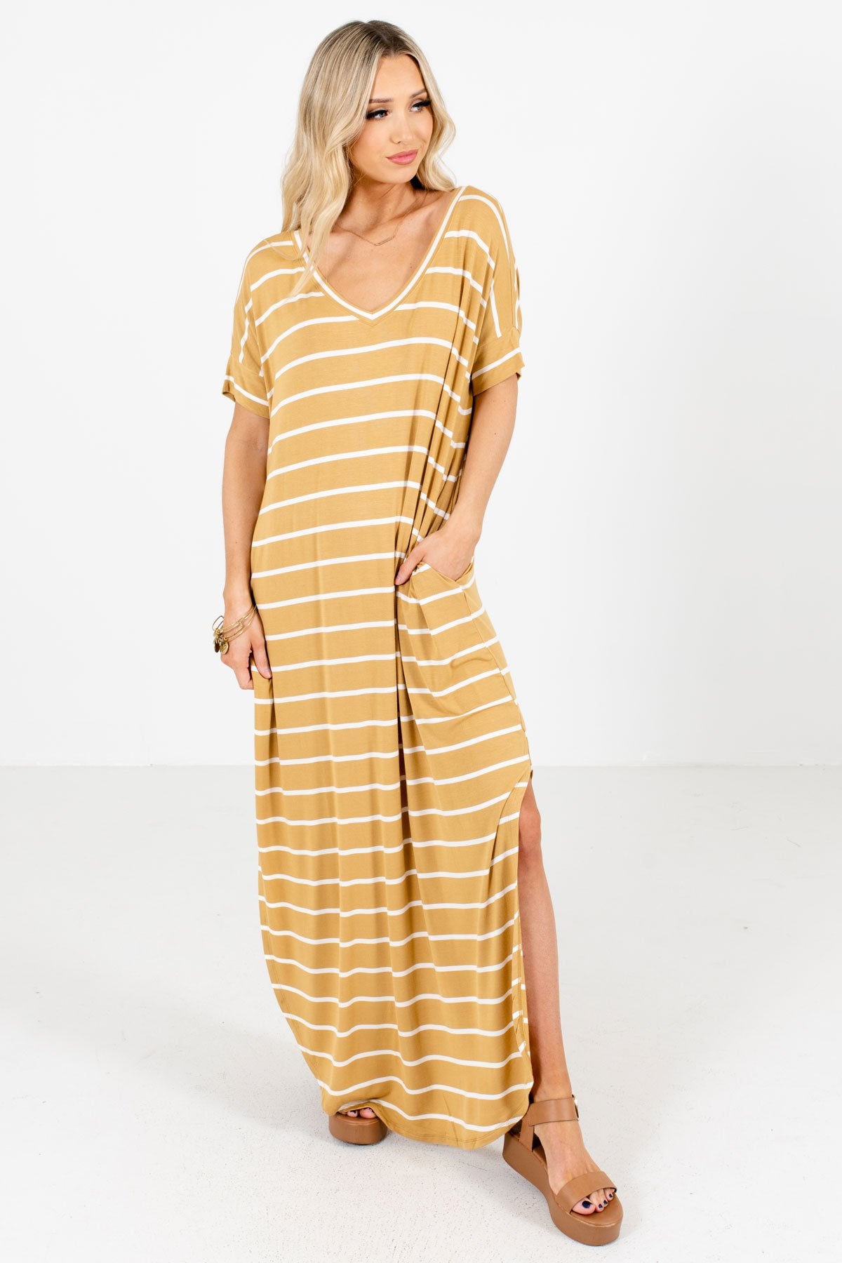 Yellow and White Striped Boutique Maxi Dresses for Women