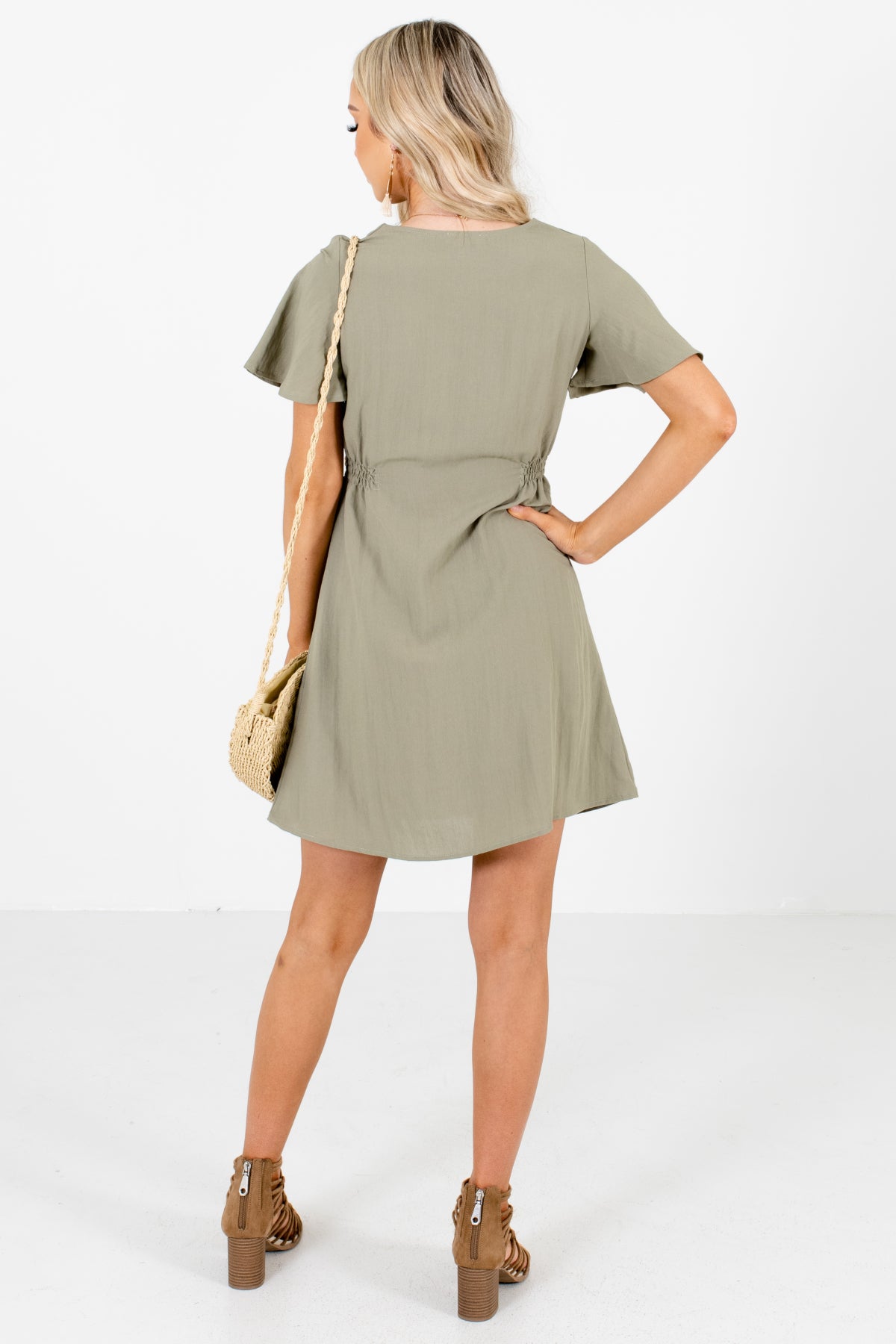 Women's Olive Smocked Accented Boutique Mini Dress