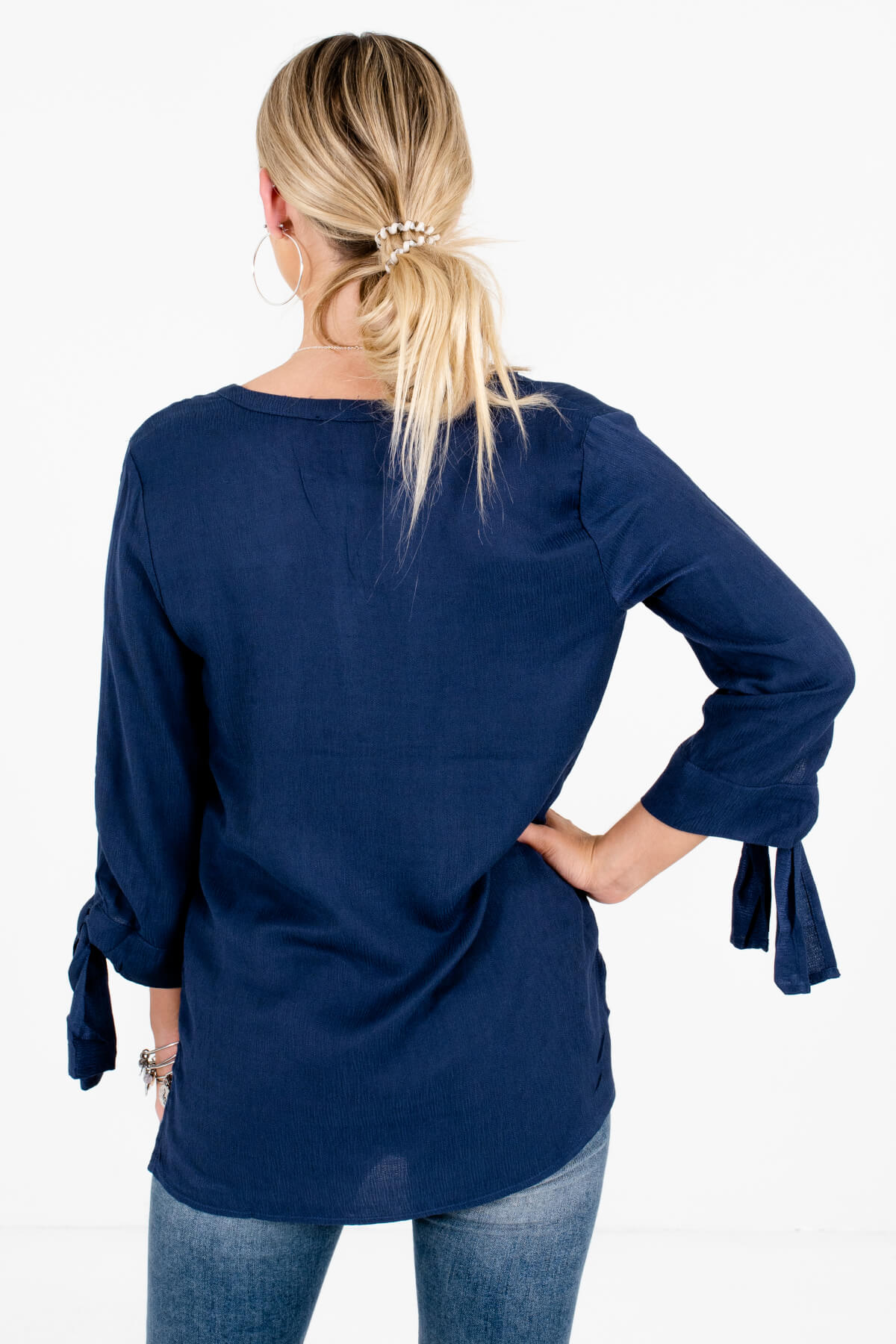 Women’s Navy Blue Self-Tie Sleeve Boutique Blouse