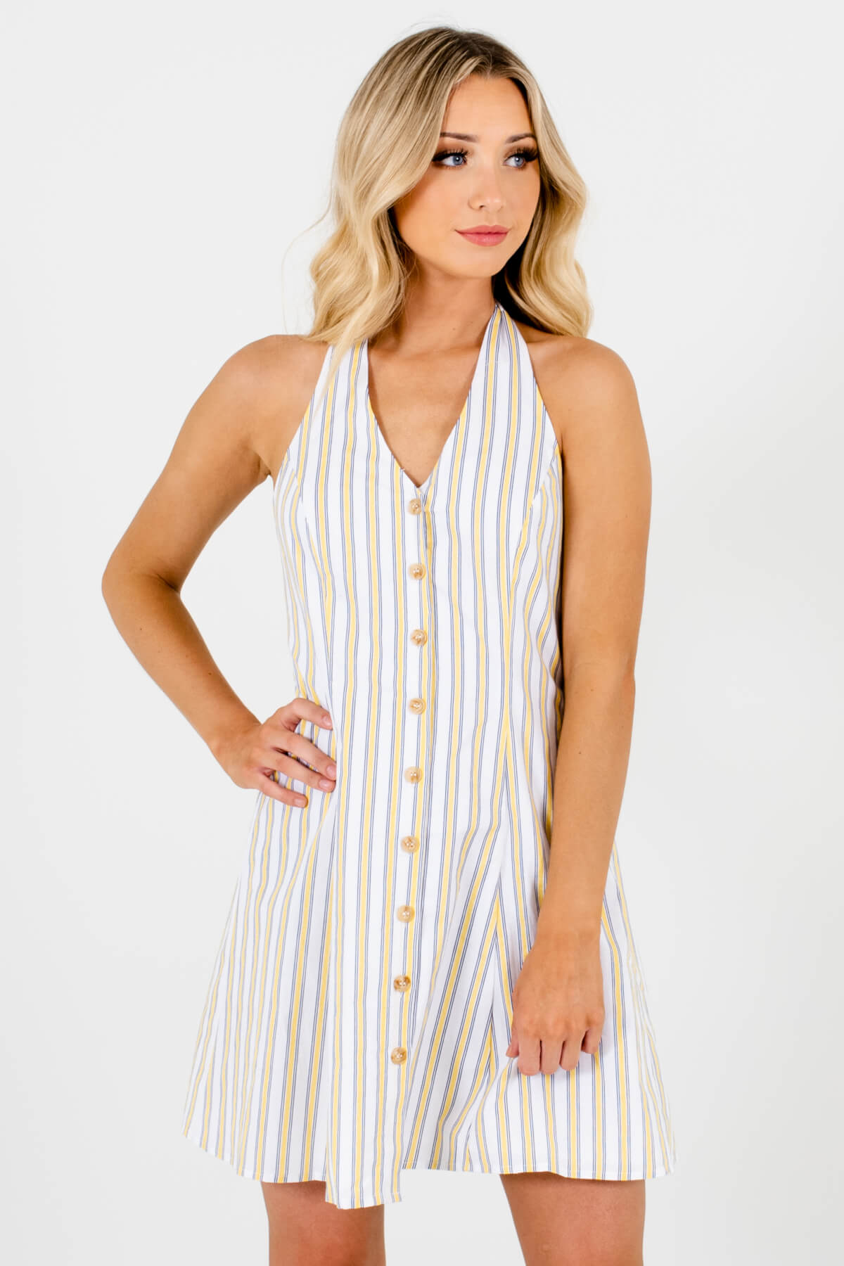 White Yellow and Blue Striped Patterned Boutique Mini Dresses for Women